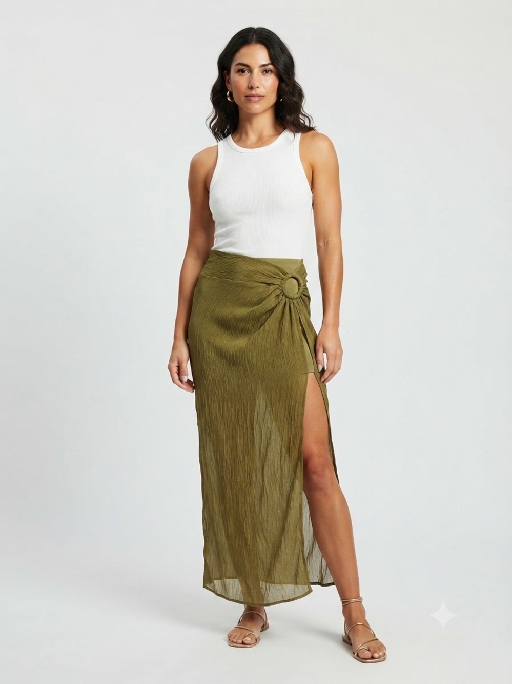 EGO Olive Crinkled Ring-Detail Maxi Skirt Size 6 boho festival whimsical Y2K